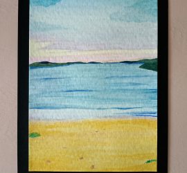 Aquarelle représentant une plage au bord de l'océan.